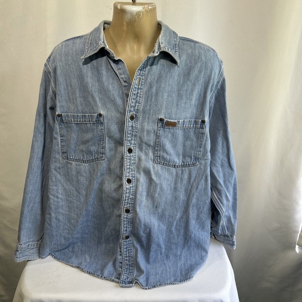 Carhartt Men's Shirt Denim XL Long Sleeve Button Up Pocket Stain Read